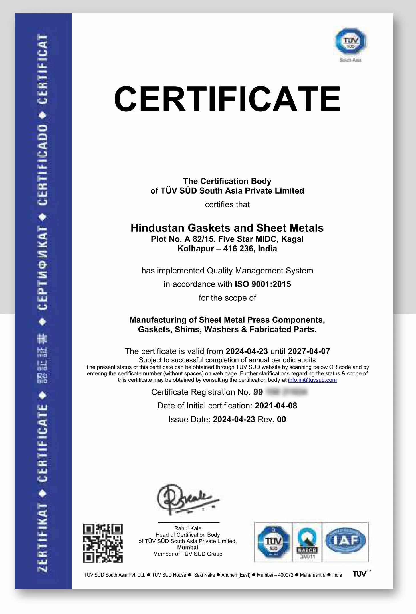 ISO 9001:2015 certificate issued to Hindustan Gaskets and Sheet Metals by T&Uuml;V S&Uuml;D South Asia