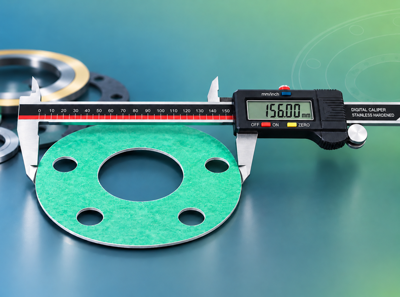 Digital vernier caliper checking the outside diameter of a finished gasket